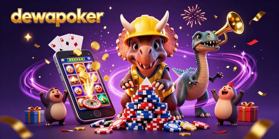 Dewapoker menghadirkan keseruan permainan kasino dengan triceratops membangun tumpukan chip poker.