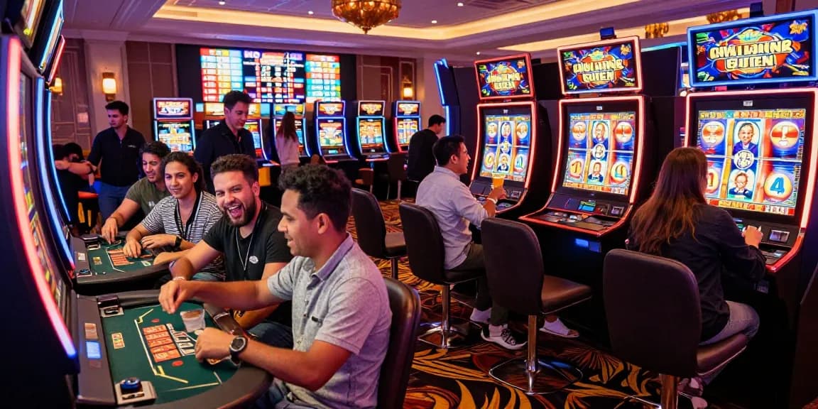 Group celebrating at slot machine highlighting bandar slot excitement in lively casino atmosphere.