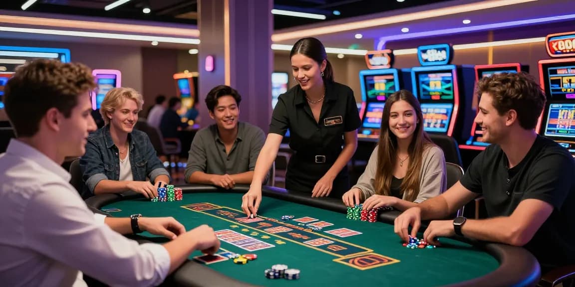 Spieler in einem Casino, die Non Gamstop Casinos genießen, mit bunten Chips und Karten auf dem Tisch.
