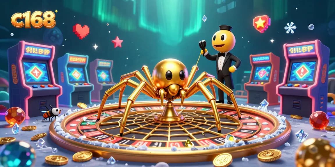 Experience thrilling bets at c168’s roulette web with a golden spider, centipede croupier, and vibrant game elements.