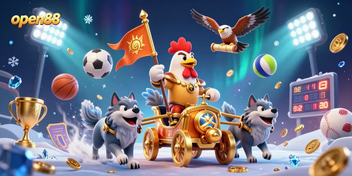 Join the open88 adventure with a rooster warlord in a gold chariot, surrounded by dynamic sports balls.