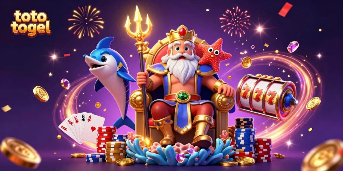 Experience vibrant toto togel gaming action with Neptune and a starfish in a dynamic 3D casino scene.