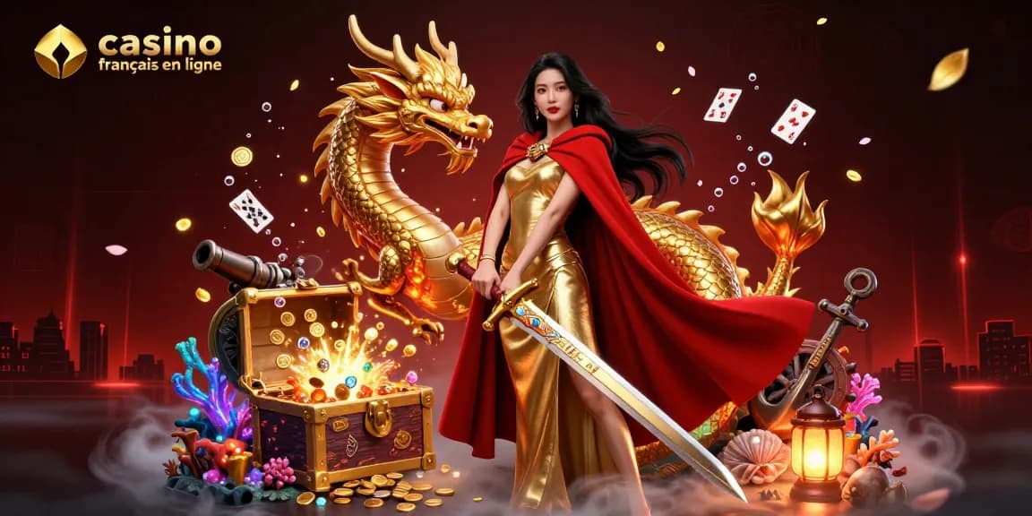 Découvrez un gameplay palpitant sur casino francais en ligne avec notre illustration 3D vibrante d'une reine guerrière et d'un dragon doré.