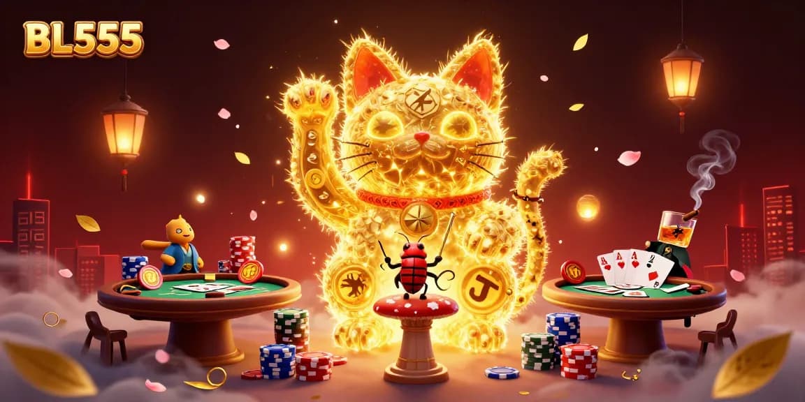 Experience vibrant gameplay at BL555, featuring a lucky cat and casino symbols in a dynamic illustration.