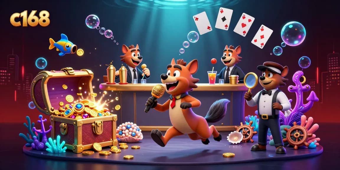 Experience the thrilling vibe of c168 in a vibrant casino scene filled with hyenas, gold coins, and lively games.