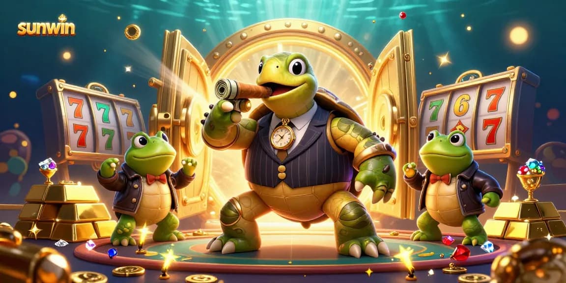 Play thrilling games at sunwin, featuring a cartoon turtle and bullfrogs amidst sparkling casino treasures.