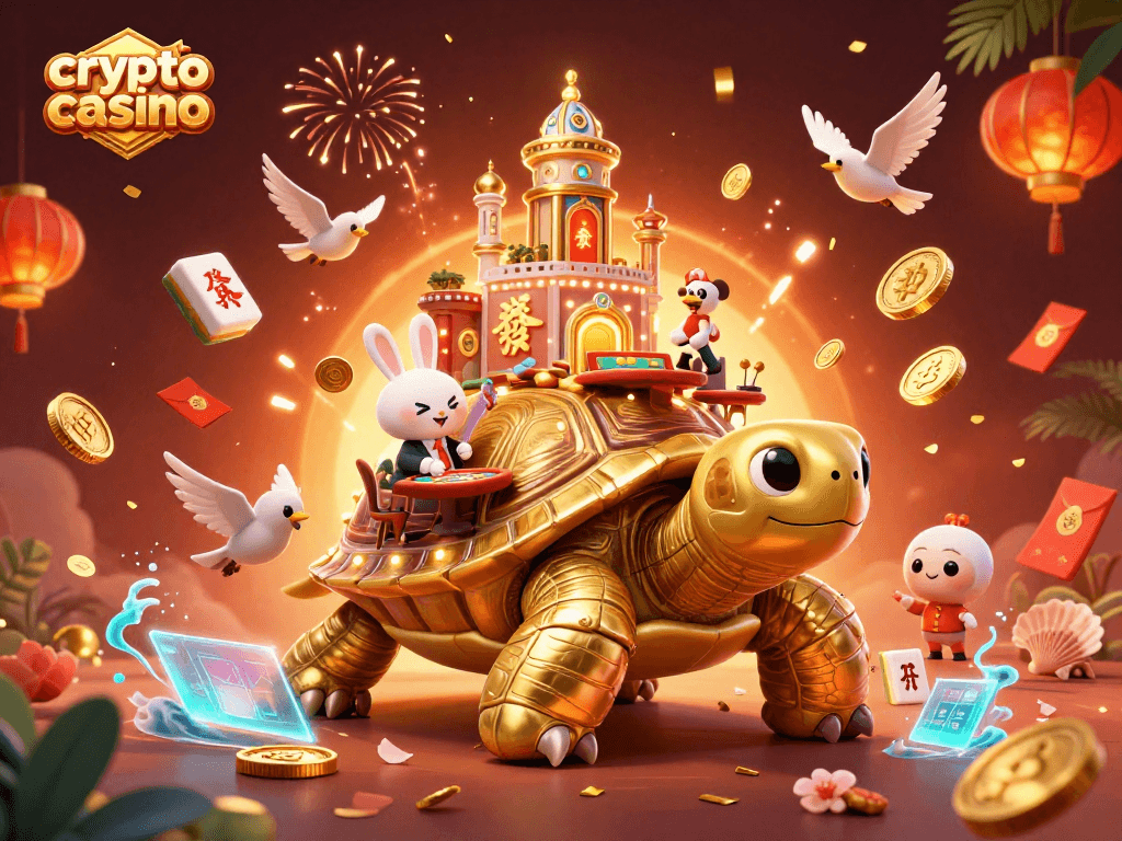 Experience the thrill of a crypto casino with a colorful scene featuring a golden tortoise and vibrant game elements.