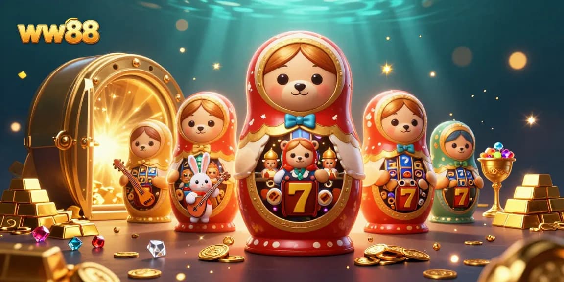 Experience the excitement of ww88 with vibrant casino-themed 3D illustration showcasing dealers, treasures, and playful characters.