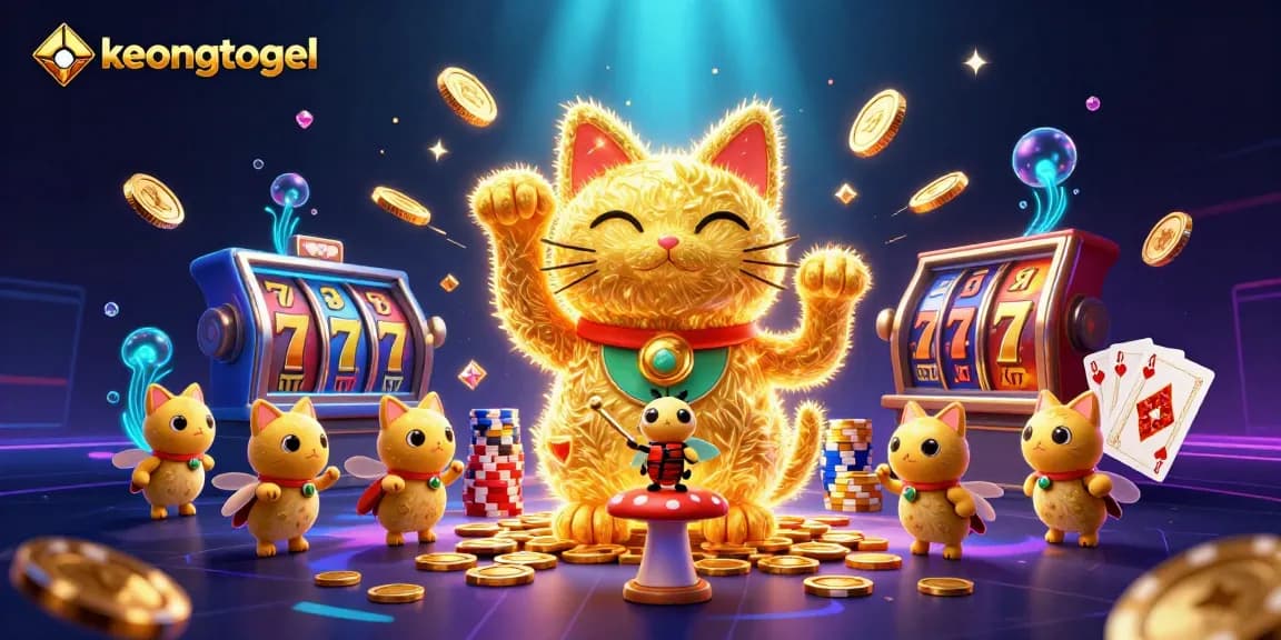 Experience exciting gameplay at keongtogel with a vibrant representation of casino elements featuring a lucky cat and floating treasures.