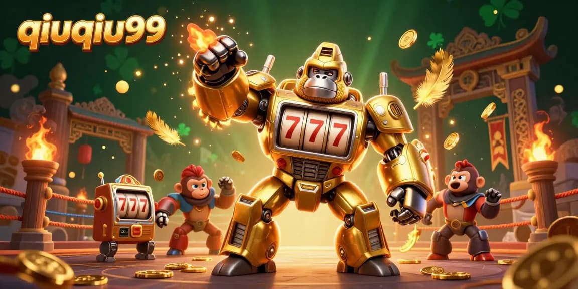 Experience excitement with qiuqiu99 as a golden gorilla mech celebrates casino wins in a vibrant 3D illustration.