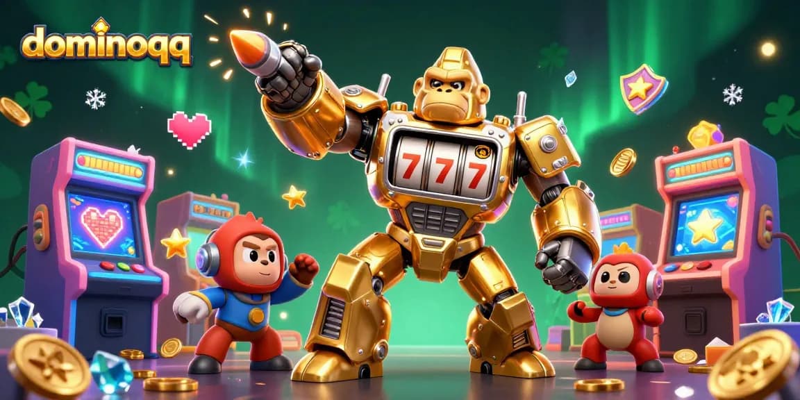 Experience exhilarating gameplay with dominoqq and a golden gorilla mech in this vibrant casino scene.