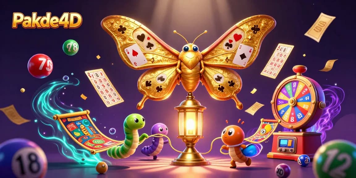 Pakde4D presents a vibrant digital scene with a golden wings moth amidst lottery elements and exciting casino visuals.
