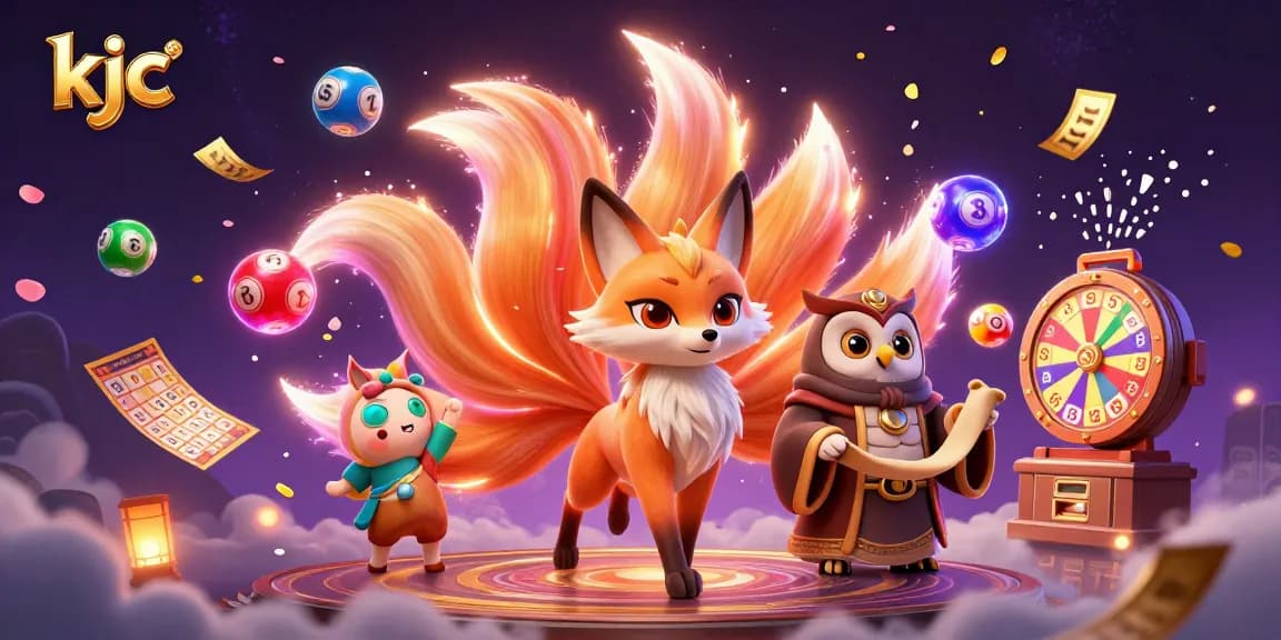 Engage with kjc's vibrant lottery experience, featuring a glowing fox spirit and lucky numbers shining bright.