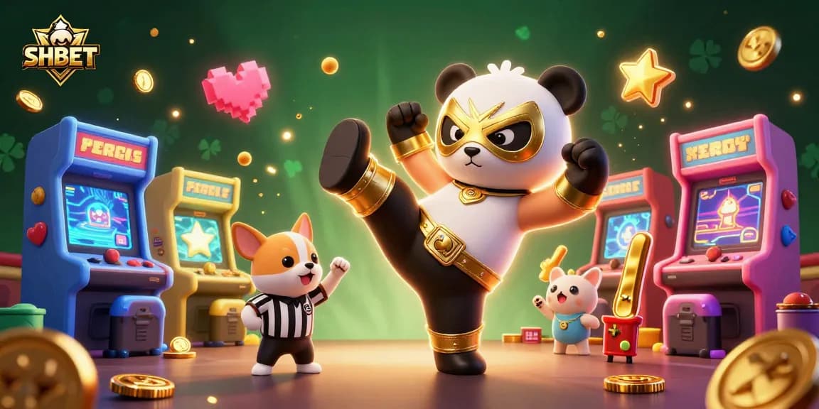 SHBET showcases thrilling gambling action with a dynamic scene featuring a panda wrestler amidst colorful casino elements.