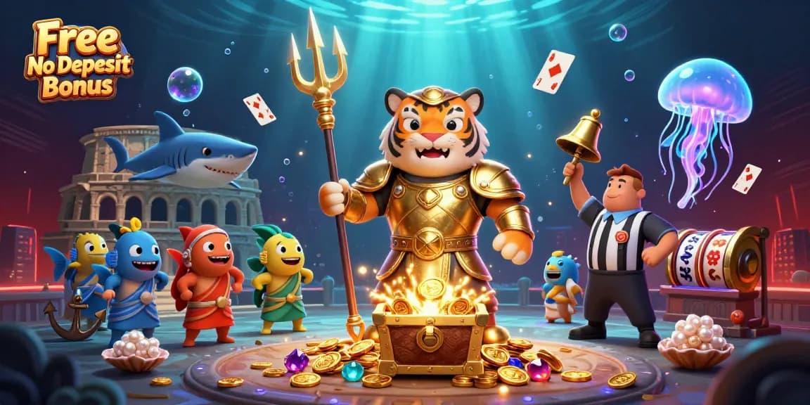 Play slots using Free No Deposit Bonus in a vibrant underwater arena with a shark warrior, treasure, and fish audience.