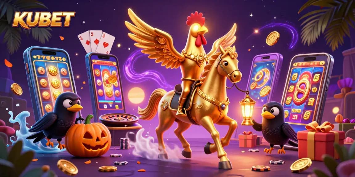 KUBET Casino illustration with a golden rooster, glowing head, and spectral horse amid vibrant gambling elements.