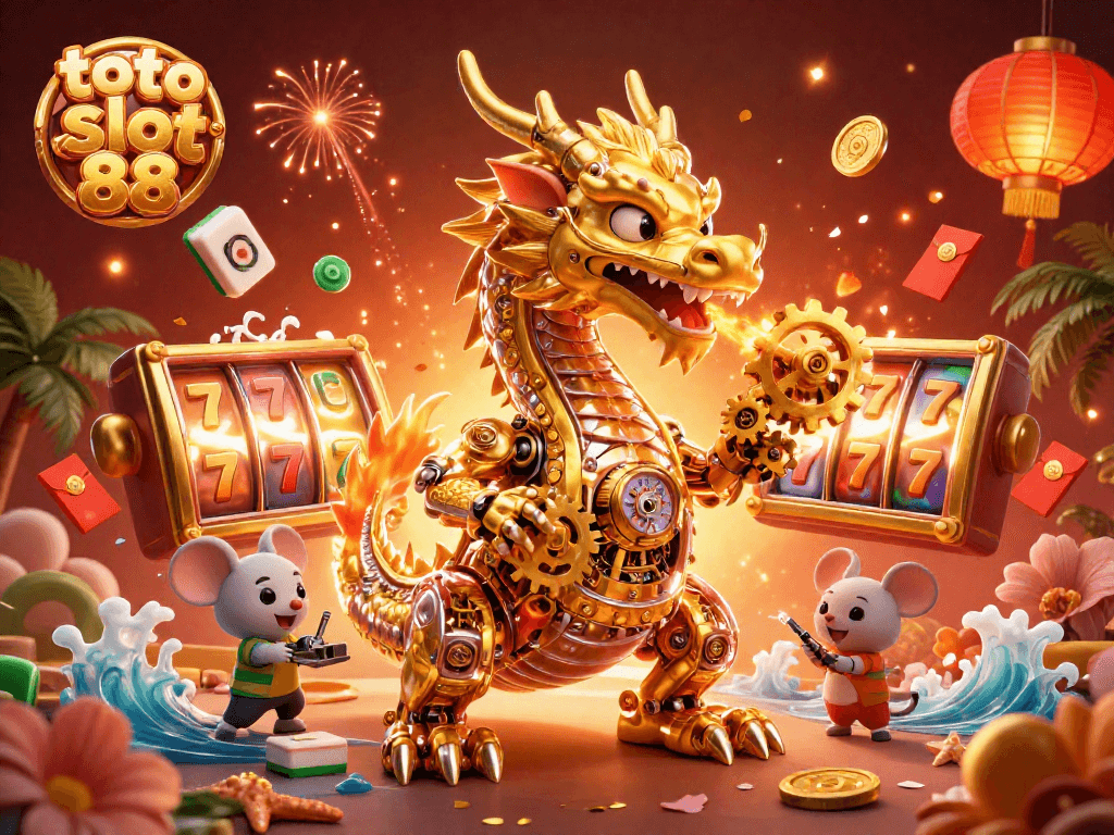 Experience the excitement of toto slot 88 with vibrant slot reels and a dynamic golden dragon scene.