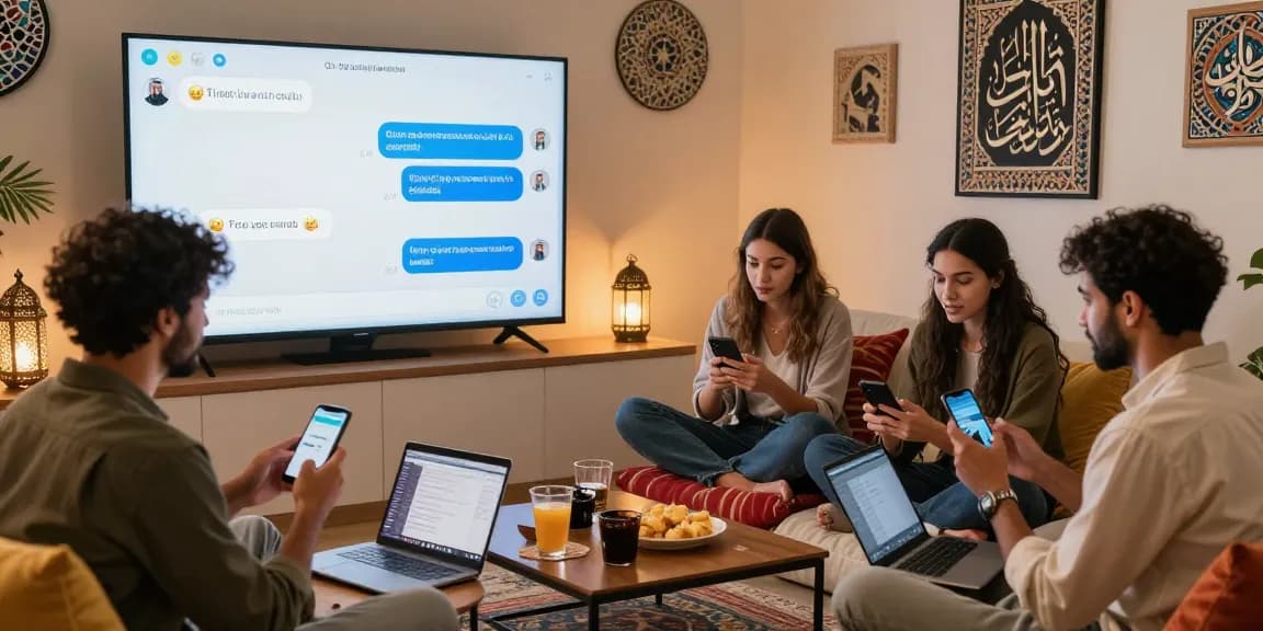 Engaging شات عربي online chat scene with diverse users sharing friendly messages in a cozy setting, showcasing community.