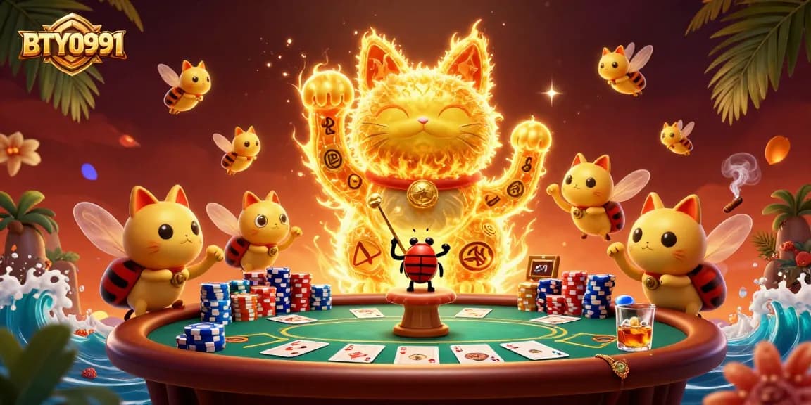 Engaging scene with BTY0991's vibrant lucky cat surrounded by poker elements and celebratory decor.