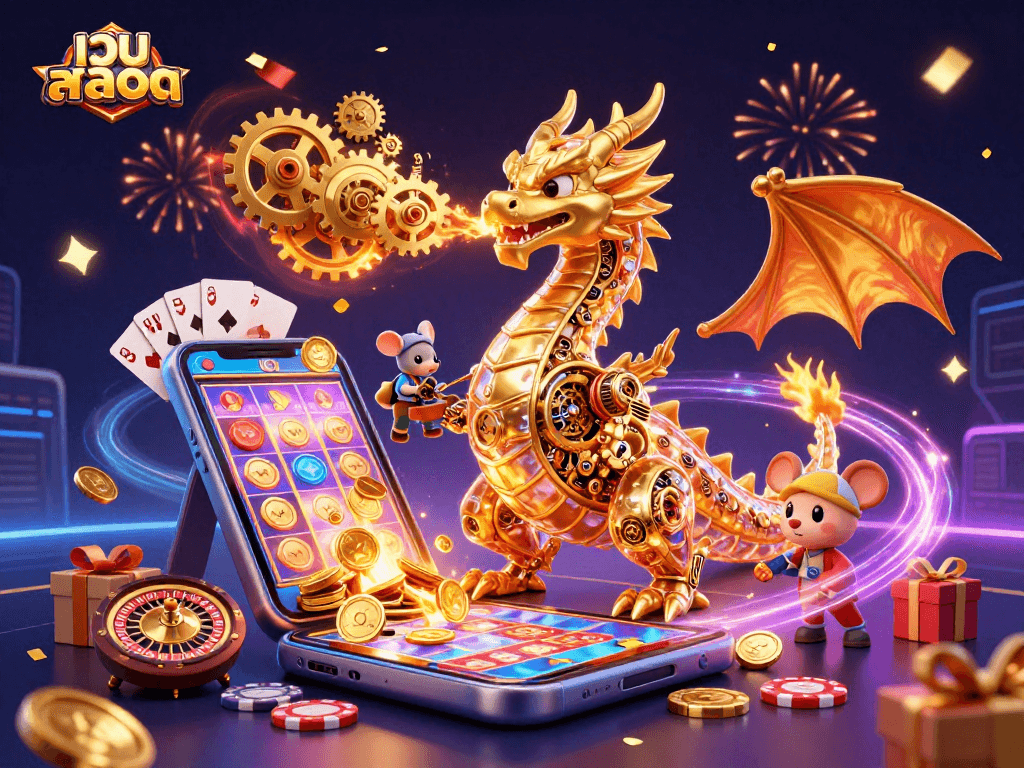 Engage with เว็บสล็อต featuring a golden dragon and mouse engineer amidst vibrant slot game elements and confetti.