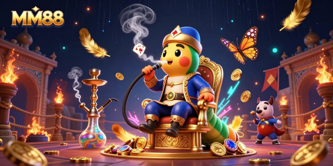 MM88 presents a vibrant 3D casino scene featuring a sultan caterpillar smoking poker symbols among gold coins and dynamic elements.
