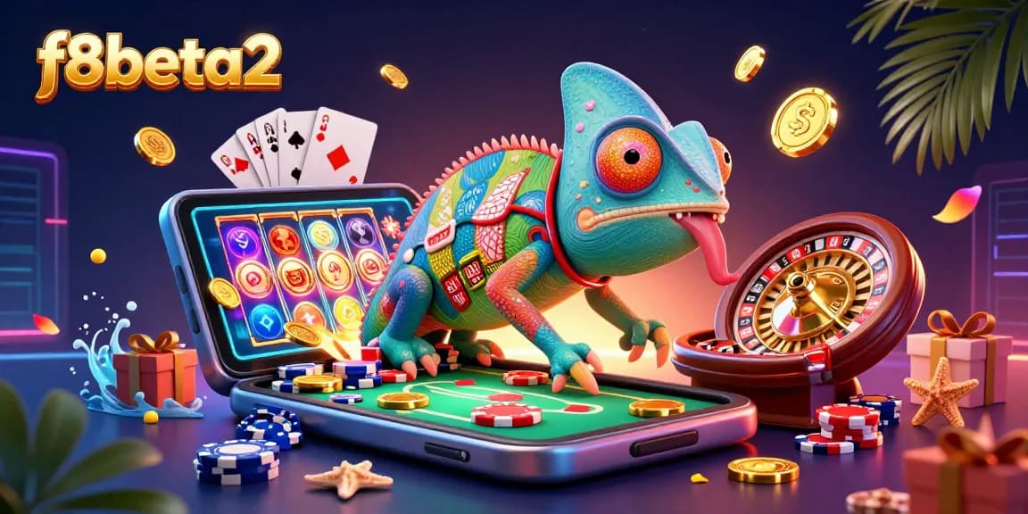 Experience f8beta2's vibrant casino scene with a chameleon owner, slot games, and flying coins.