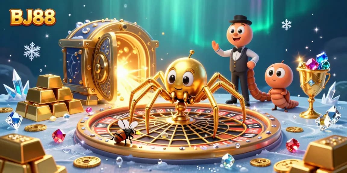 BJ88 displays a golden spider and centipede croupier in a vibrant, richly detailed casino illustration.