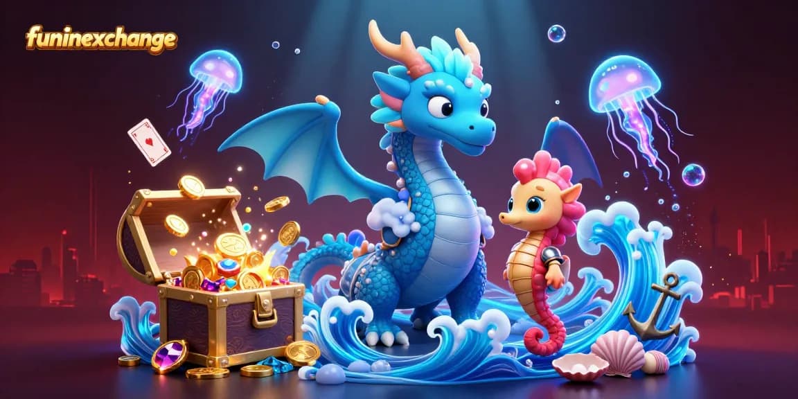 Experience thrilling gameplay with Funinexchange showcasing a majestic azure dragon, seahorse knight, and glowing gems.