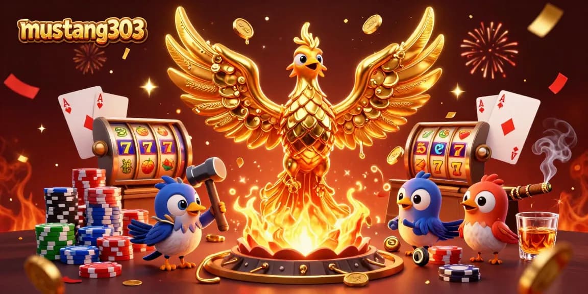 Engage with mustang303's exciting slot games featuring a molten phoenix and poker elements.
