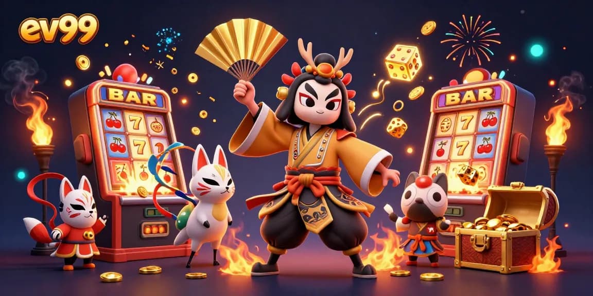 Win big with ev99 as vibrant characters celebrate around a jackpot-filled scene in this dynamic casino illustration.
