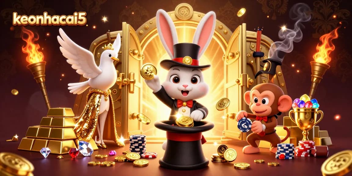 Experience keonhacai5 with a vibrant scene featuring a magician rabbit, stunning jewels, and rich casino elements.
