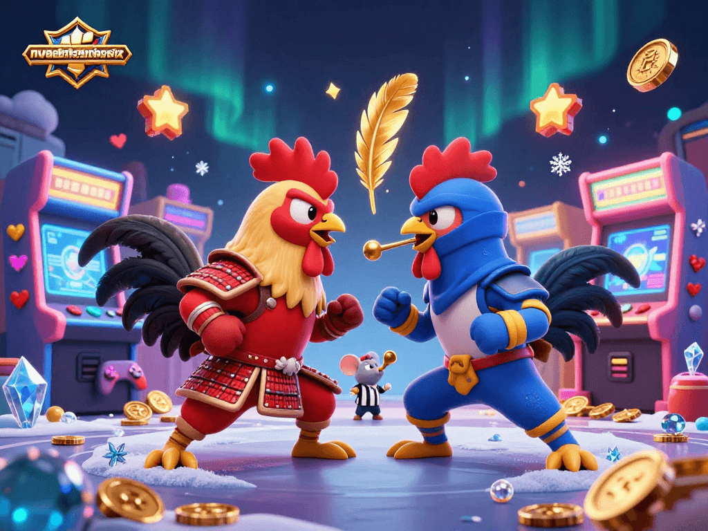 nvsadmissionclasssix chickens battle in ultimate arcade showdown amidst colorful gaming elements.