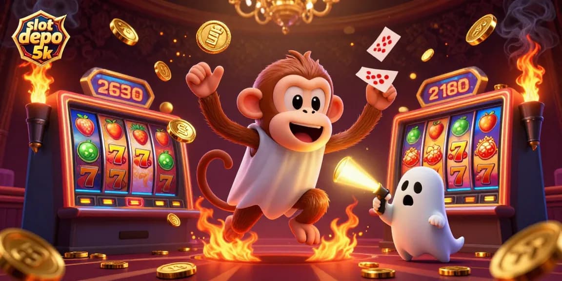 Engage with thrilling slot depo 5k experience featuring a playful monkey and a ghost-hunting puppy in a vibrant casino.
