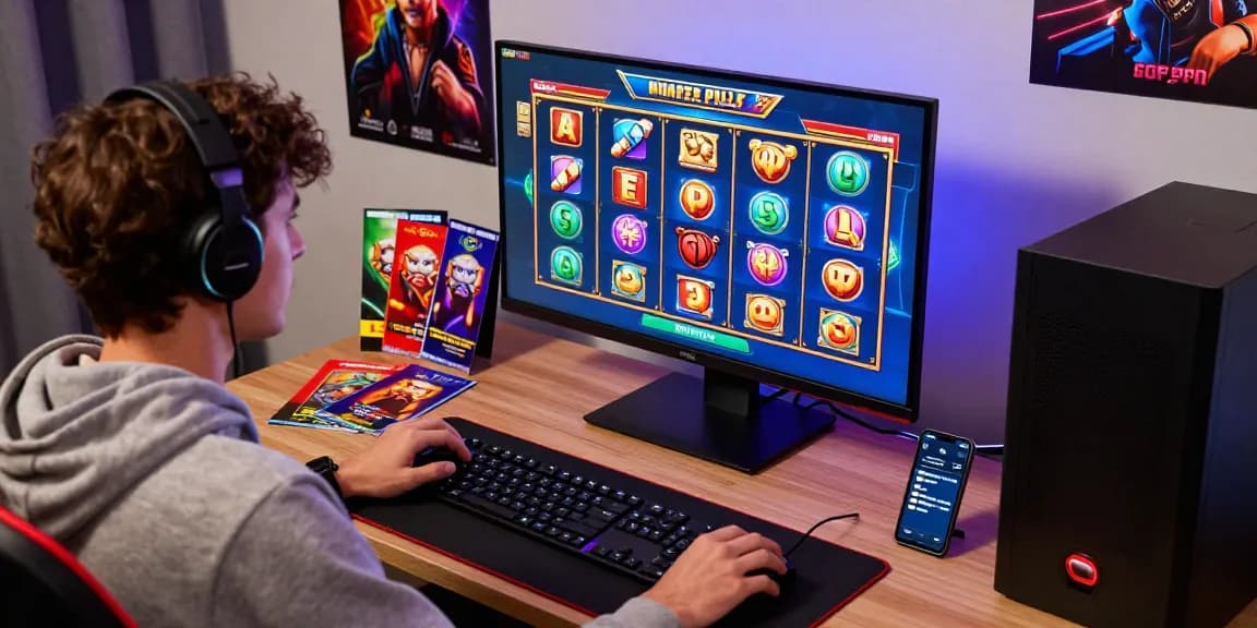Test slots online with vibrant graphics and gaming setup for immersive experience.