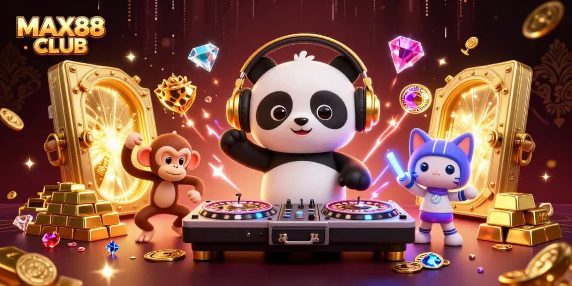Engage with exciting gameplay at MAX88 CLUB, featuring a DJ panda and vibrant casino elements.