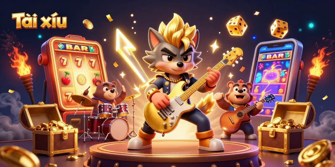 Tài xỉu players winning with a wolf rock star and a drummer bear on stage, bursting jackpots and vibrant casino effects.