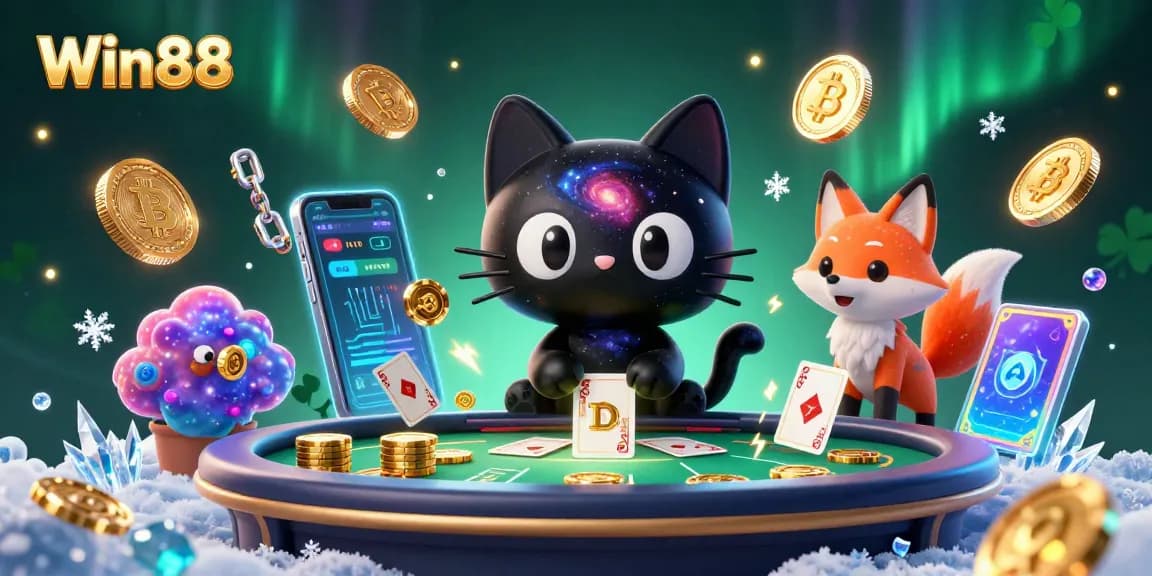 Win88 casino experience with a cosmic theme featuring a black hole cat and colorful gas fox.