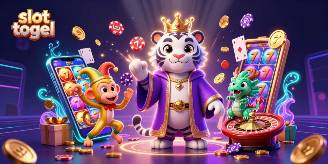 Engage with slot togel action through a vibrant 3D illustration featuring a royal tiger, juggling monkey, and lively dragon.