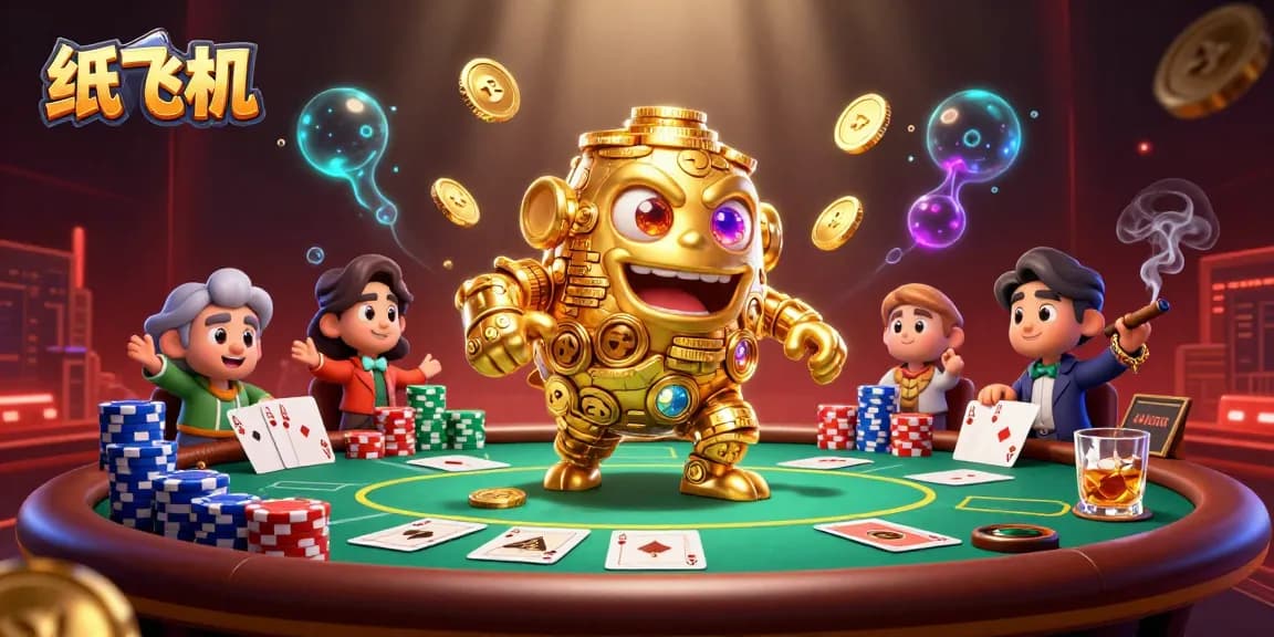 Engage in thrilling gameplay with 纸飞机, surrounded by vibrant poker elements and a golden golem.