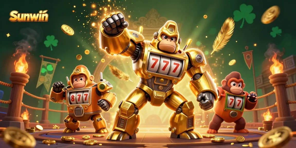 Experience the excitement of Sunwin with golden gorilla mech and dazzling casino elements bursting with action.