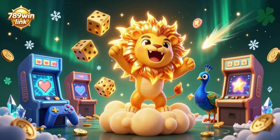 Engage with vibrant 789win link casino games featuring a roaring sun lion, golden dice, and peacock in an immersive 3D world.