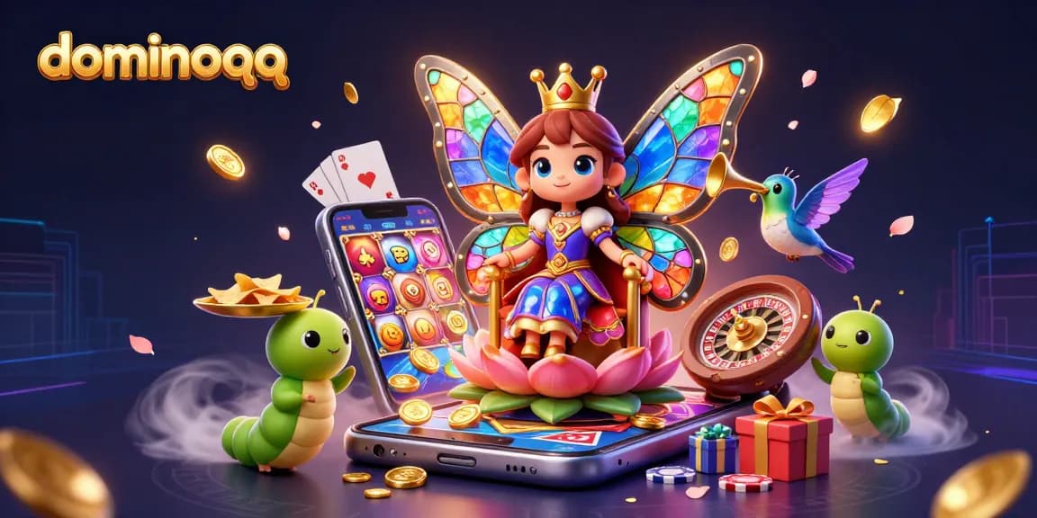 Engage in dominoqq with a vibrant scene of a butterfly queen and gaming elements.