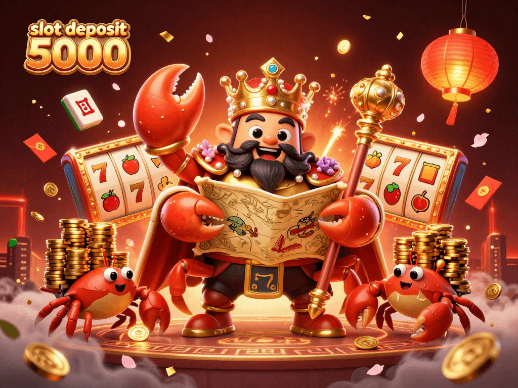 Experience slot deposit 5000 excitement with a golden crab emperor, vibrant casino elements, and dynamic gameplay energy.