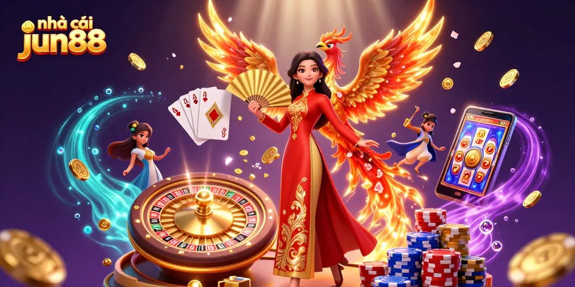 Experience thrill at nhà cái jun88 with 3D illustration of vibrant casino elements and traditional Vietnamese culture.