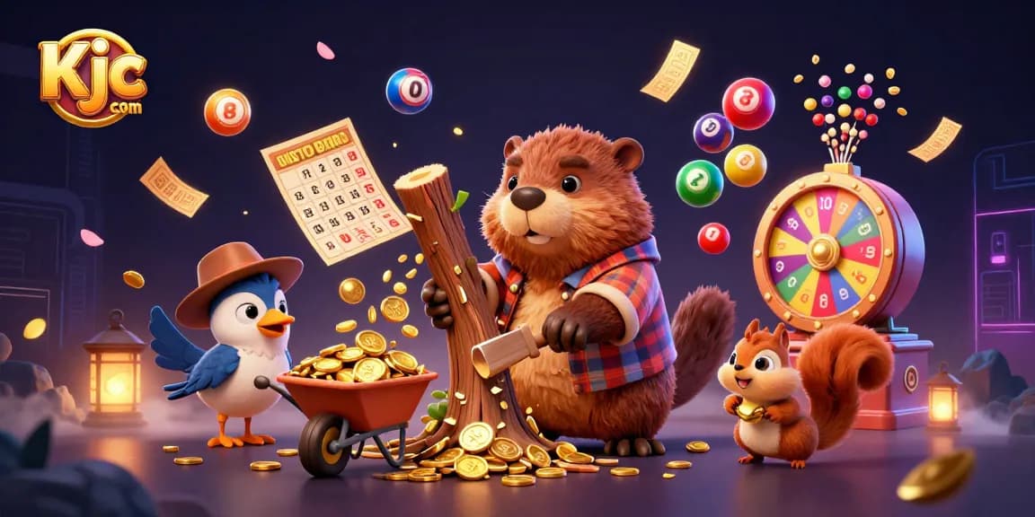 Play the exciting lottery games at Kjc us com while colorful lottery balls rain down in this vibrant illustration.