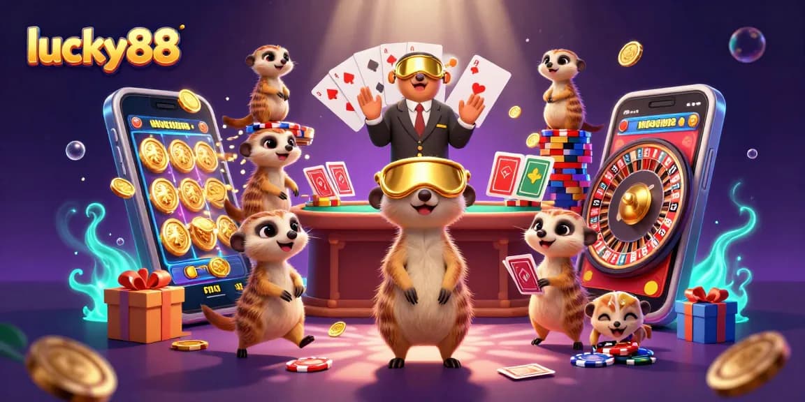 Engage with lucky88's vibrant casino world, featuring meerkats in dynamic gaming action with slots and roulette.