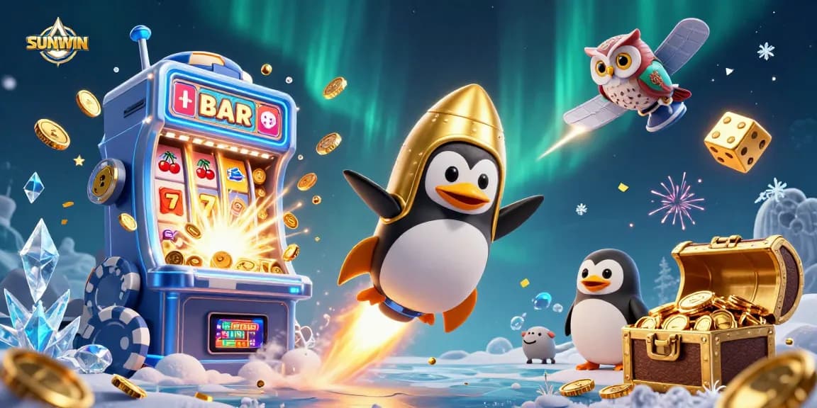 SUNWIN gamers experience excitement with a golden penguin soaring towards a vibrant casino world.