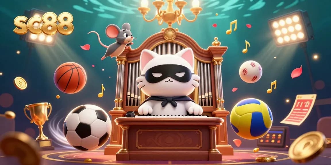 Engage in thrilling gameplay with sc88 as casino characters delight in a vibrant 3D scene filled with sports elements.