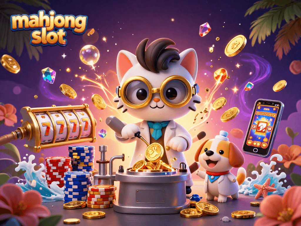 Experience mahjong slot action with vibrant characters and dynamic casino elements in this colorful illustration.