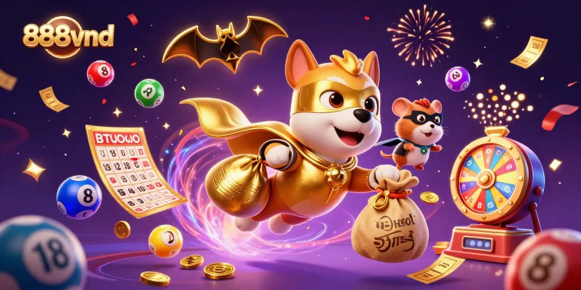 Experience thrilling gameplay with 888vnd, featuring a superhero dog and festive elements!